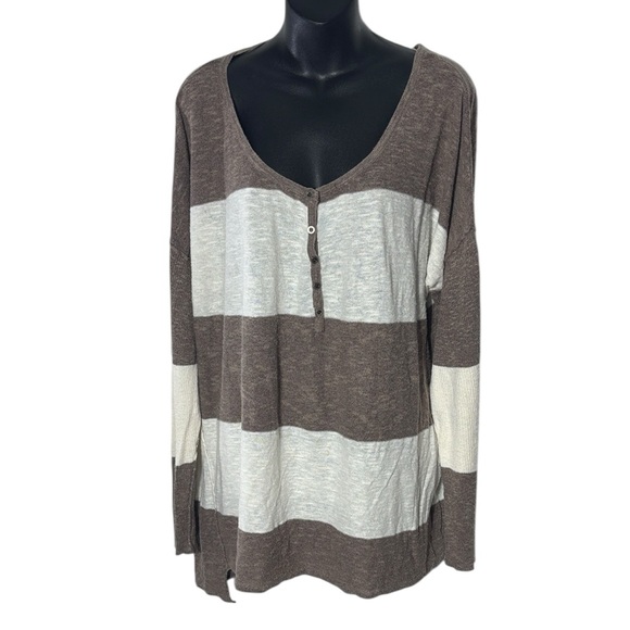 Free people beach women’s large Henley gold rush striped linen blend tunic - Picture 2 of 5